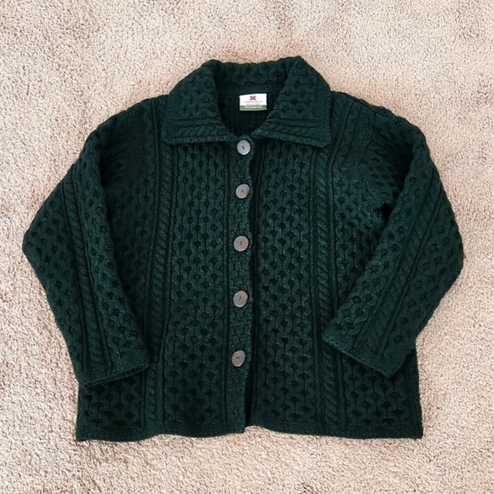 Carriag Donn Dark Green Merino Wool Cable Knit Chunky Sweater Cardigan, Size M